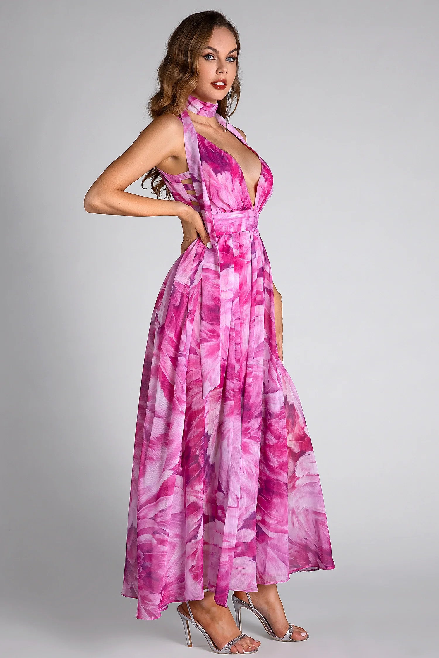 Eliza Floral Print Deep V Vacation Maxi Dress