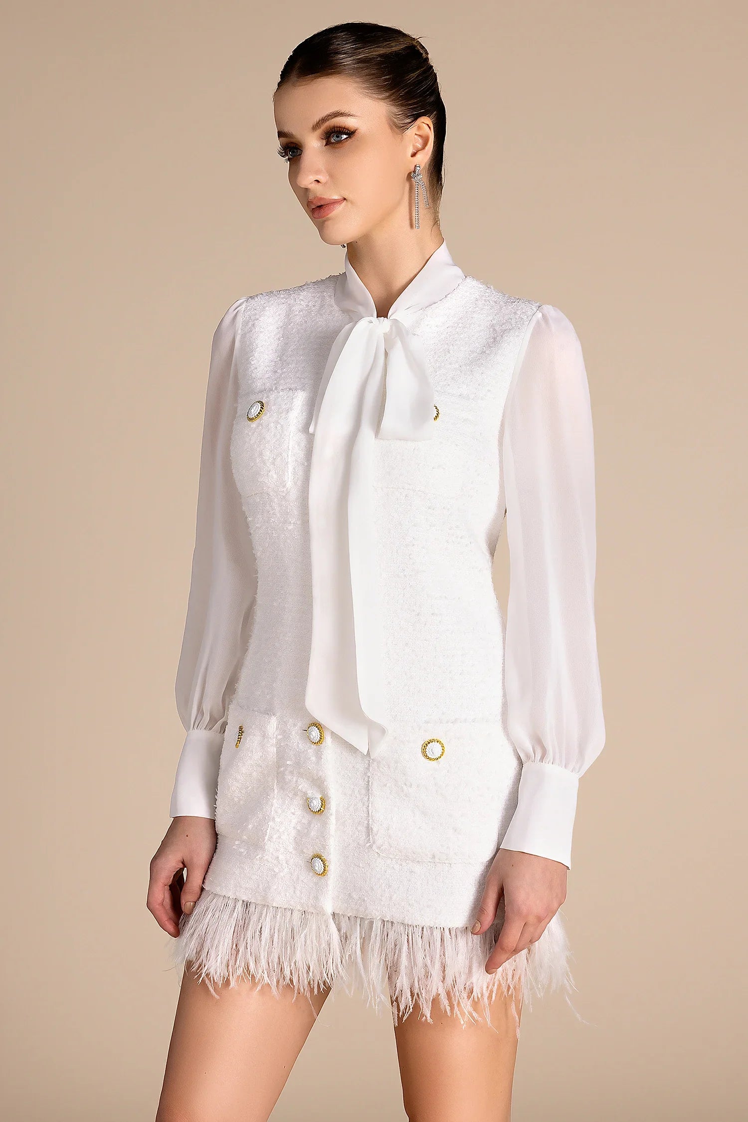 Hapu Feather Hem Chiffon Tweed Dress