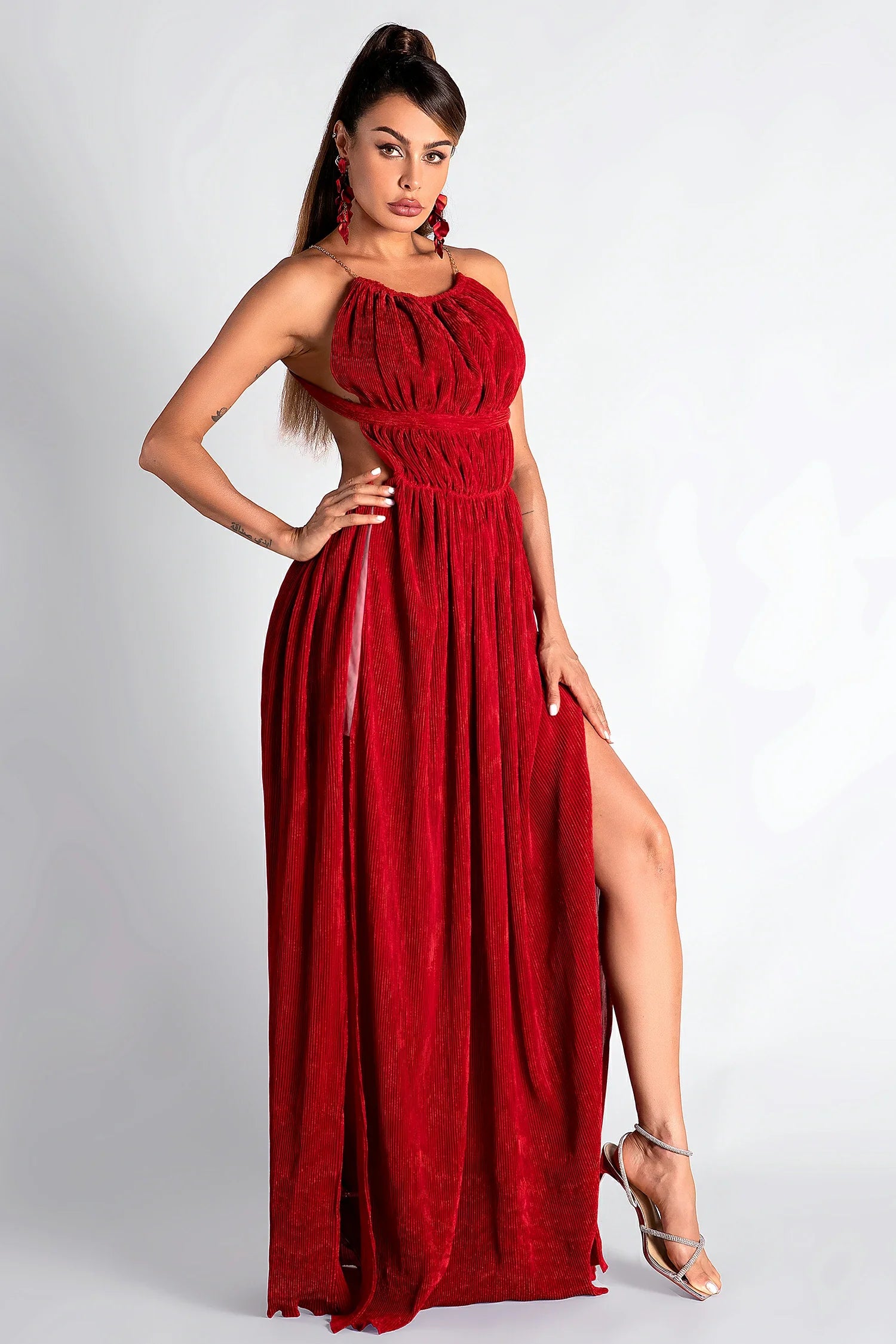 Taho High Slit Pleat Backless Dress