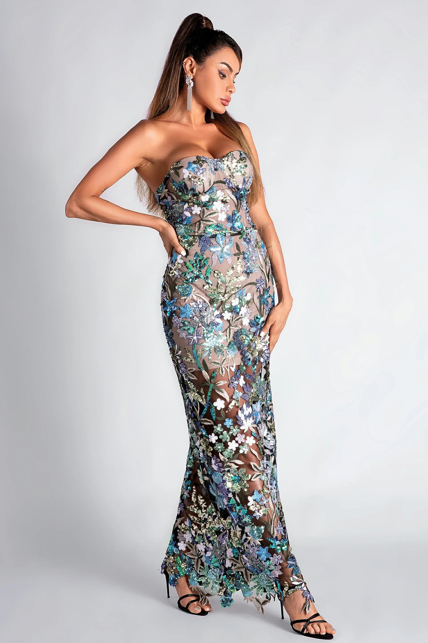 Mundouli Off Shoulder Embroidered Sequin Dress