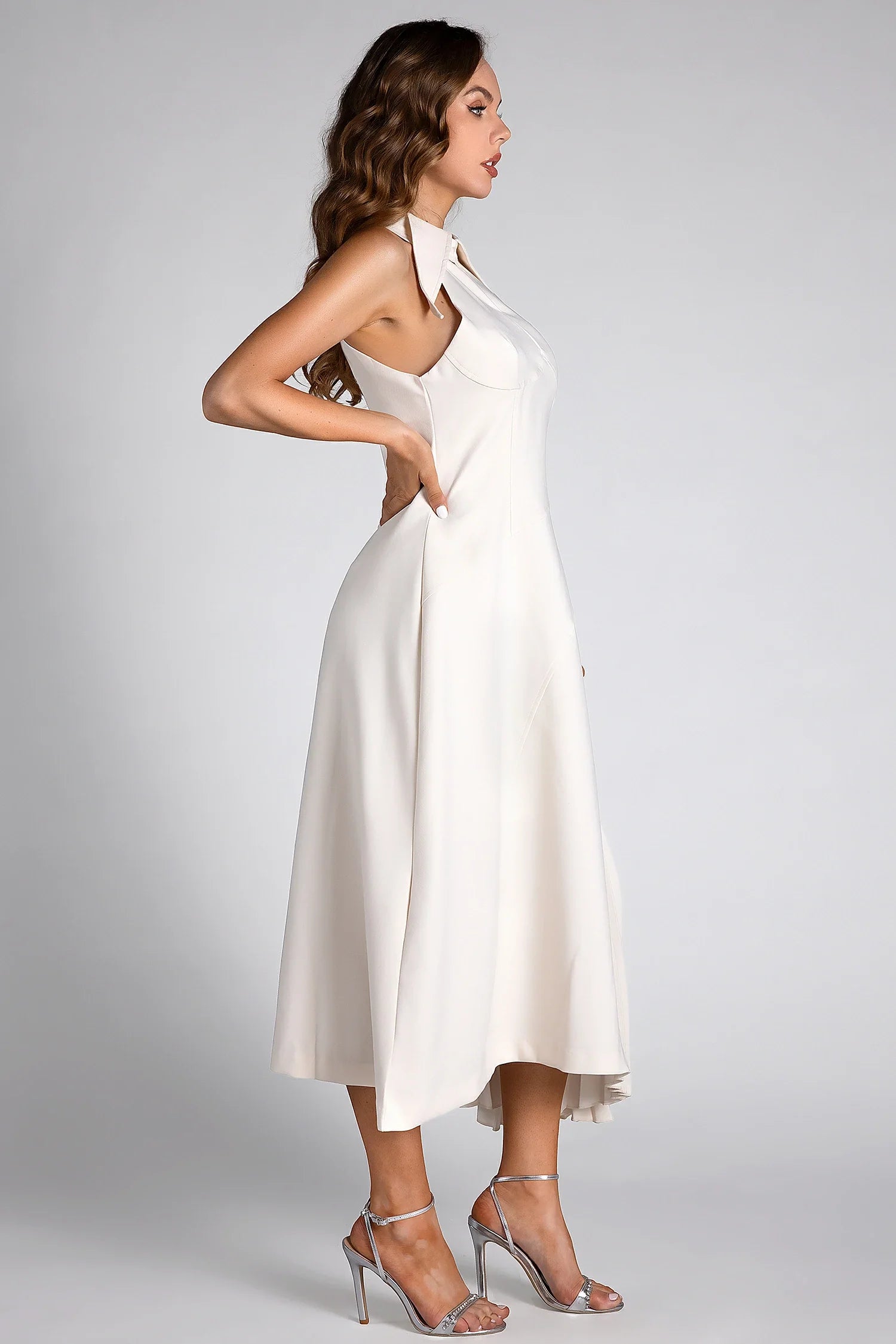 Debby White Halter Neck Pleated Semi Formal Dress