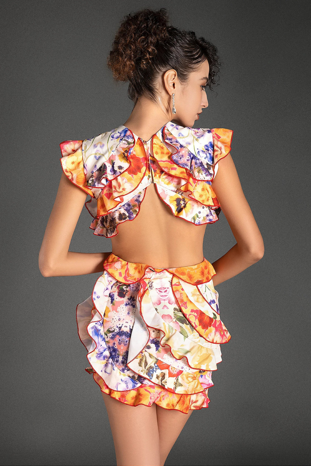 Tantalas Ruffle Cutout Floral Mini Dress