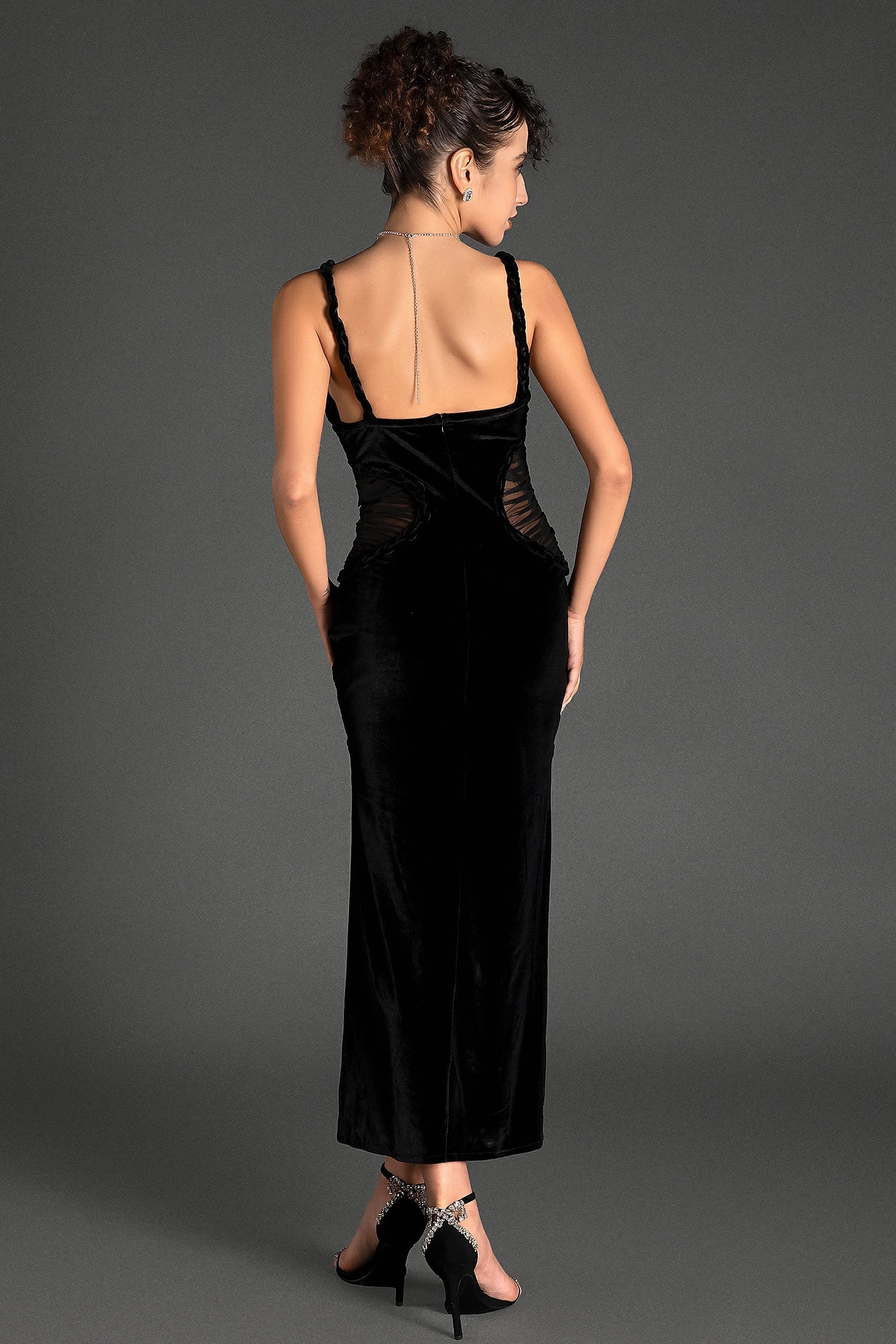 Edvoxia High Slit Velvet Mesh Dress