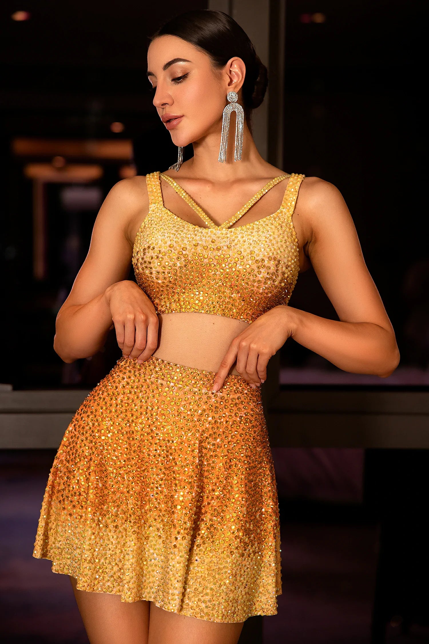 Sloan Yellow Rhinestone Ombre Glitter 3 Piece Skirt Set