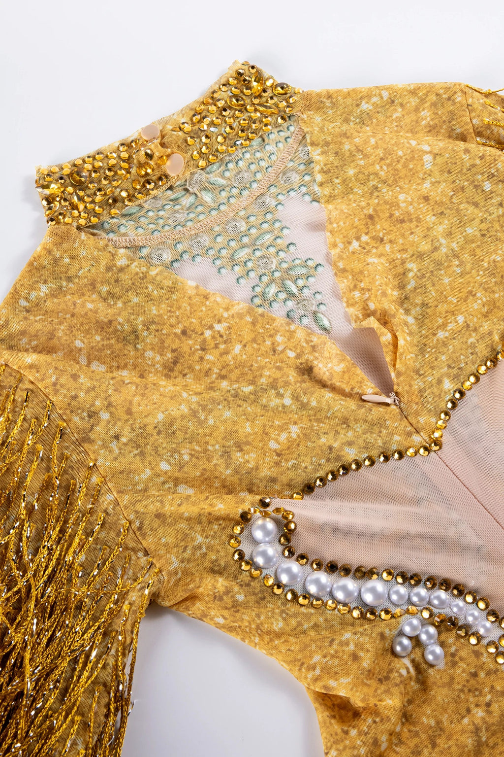 Platon Mesh Rhinestone Fringe Bodysuit