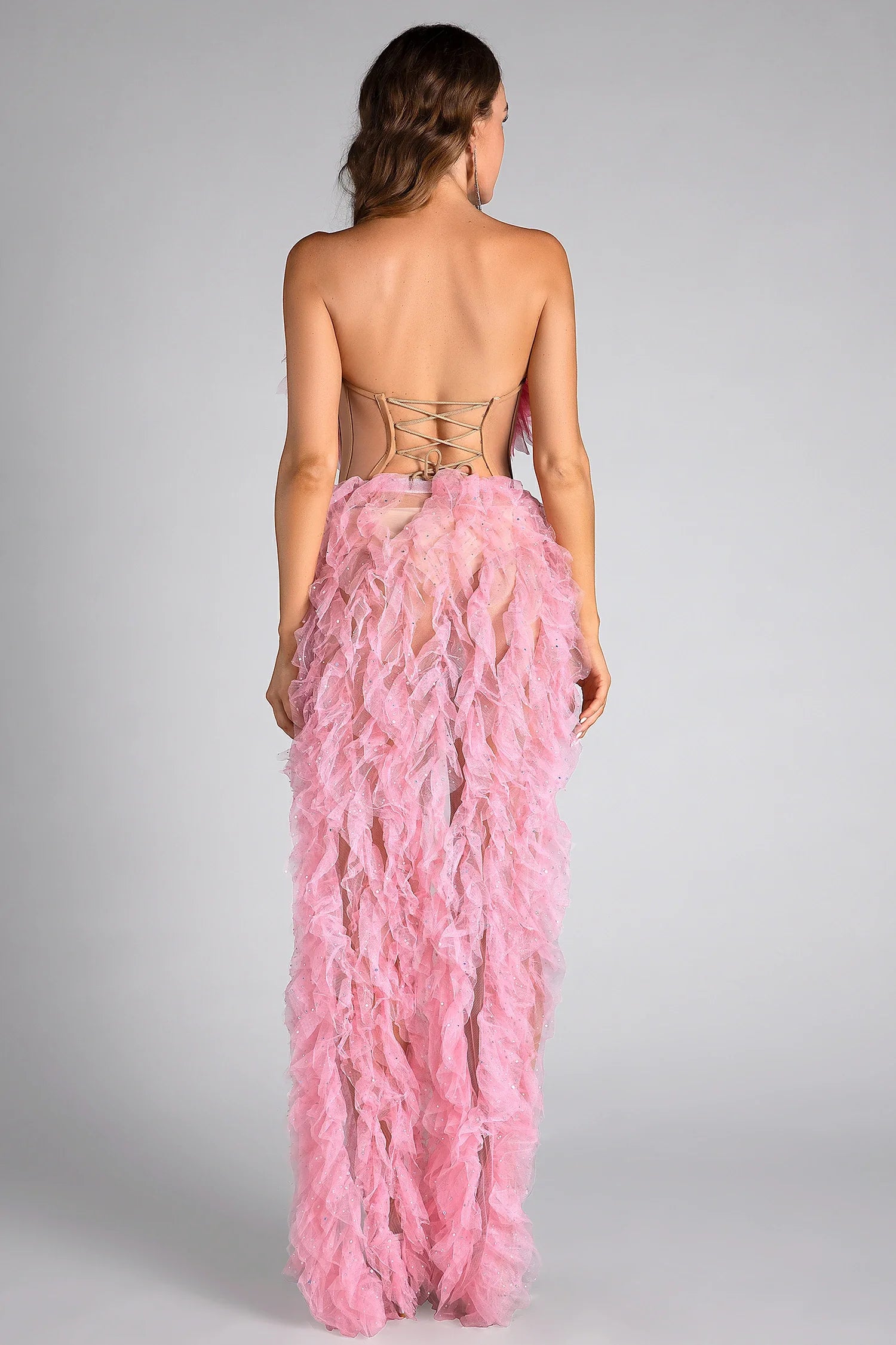 Eftychia Pink Feather High Slit Backless Dress