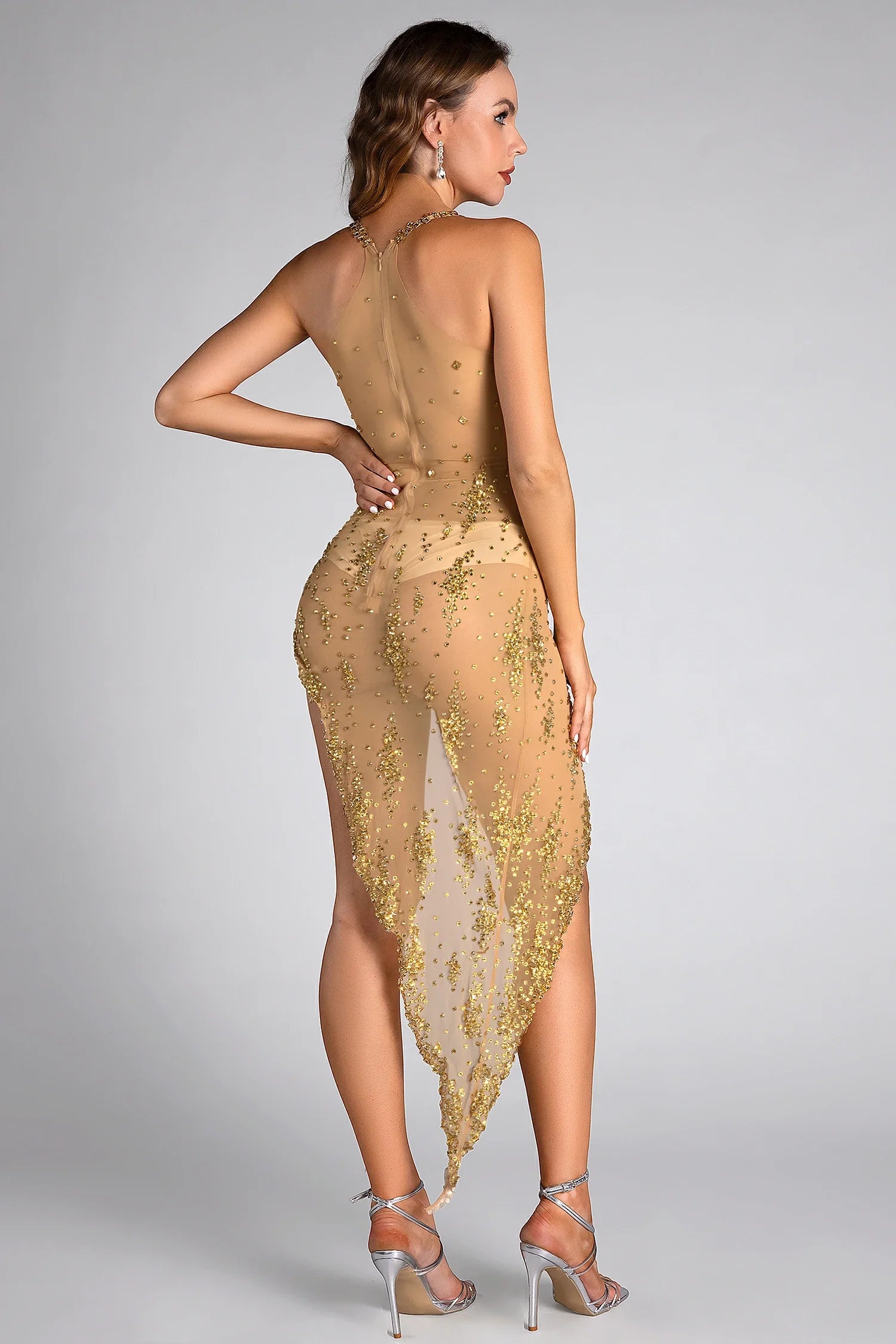 Makis Crystal Sheer Asymmetric Dress