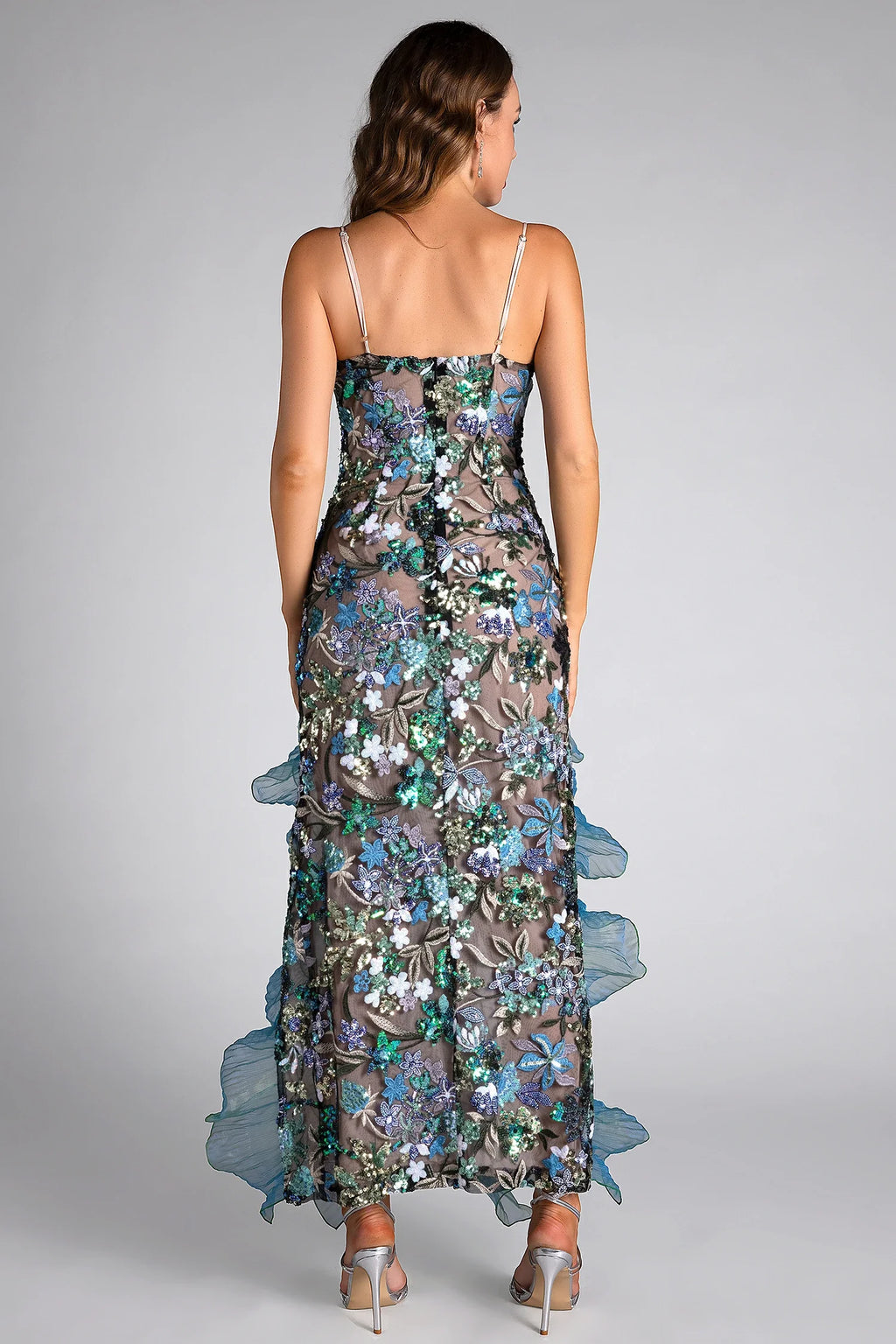 Celeste Floral Sequin Embroidered Ruffle Dress