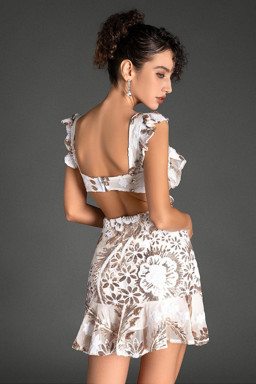 Pepoglou Sequin Floral Ruffle Mini Dress