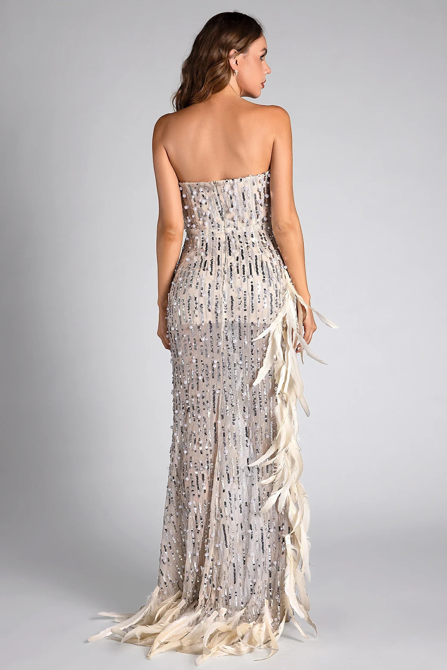 Rematou Off Shoulder Pearl Feather Slit Dress