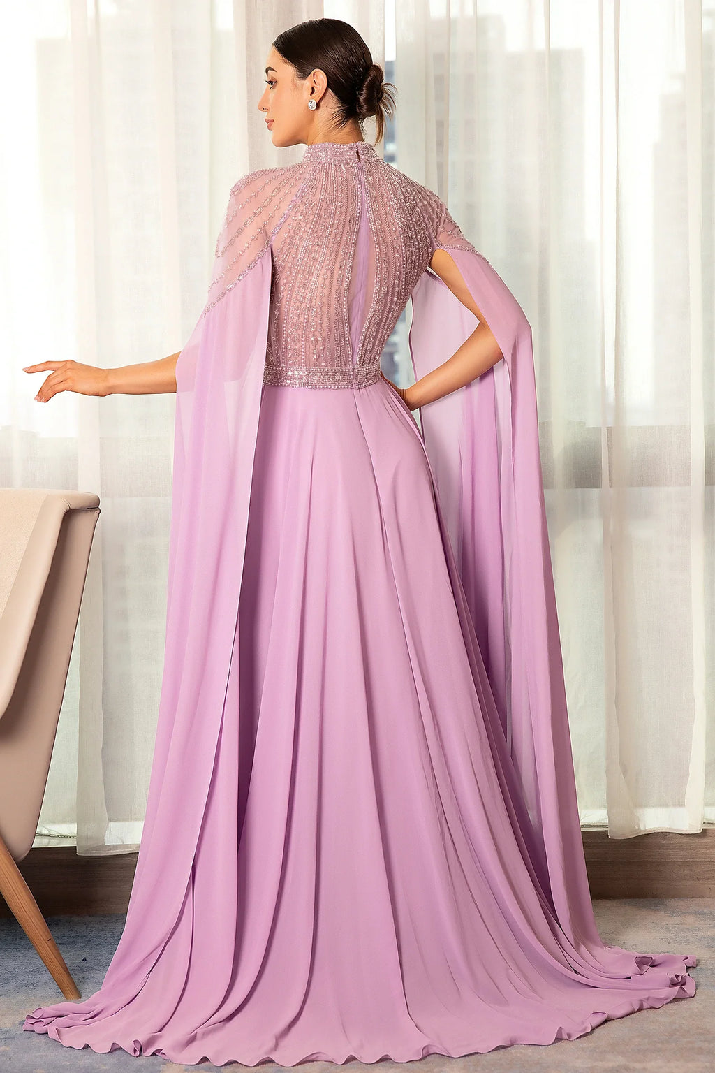 Stathiade Beaded Cape See-Through Evening Gown Dress