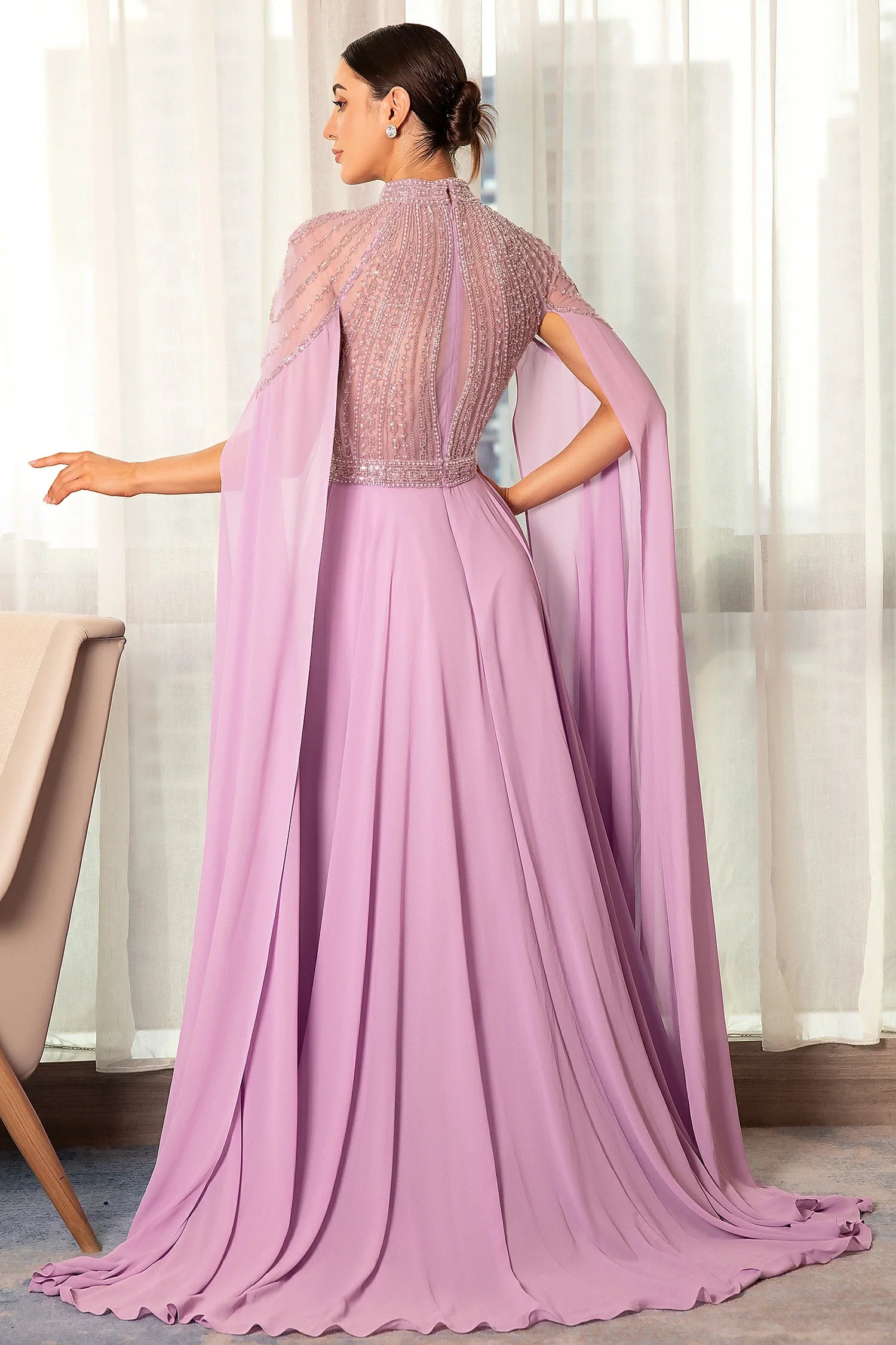 Stathiade Beaded Cape See-Through Evening Gown Dress