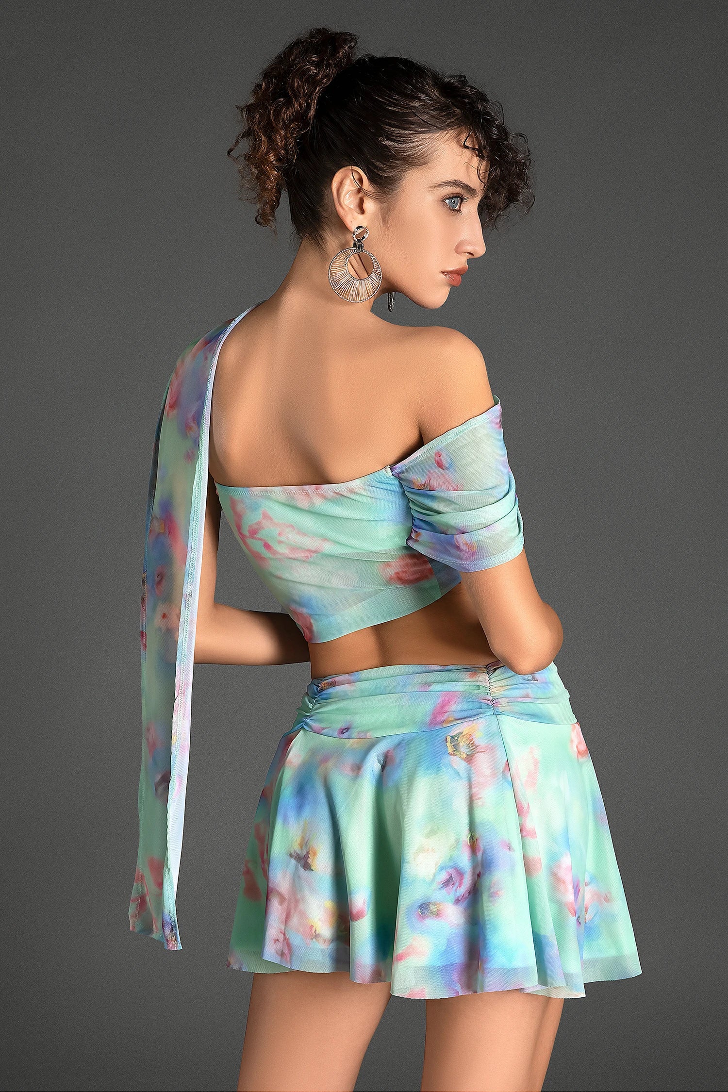 Stathoti Ruffle Print Draped Dress Set