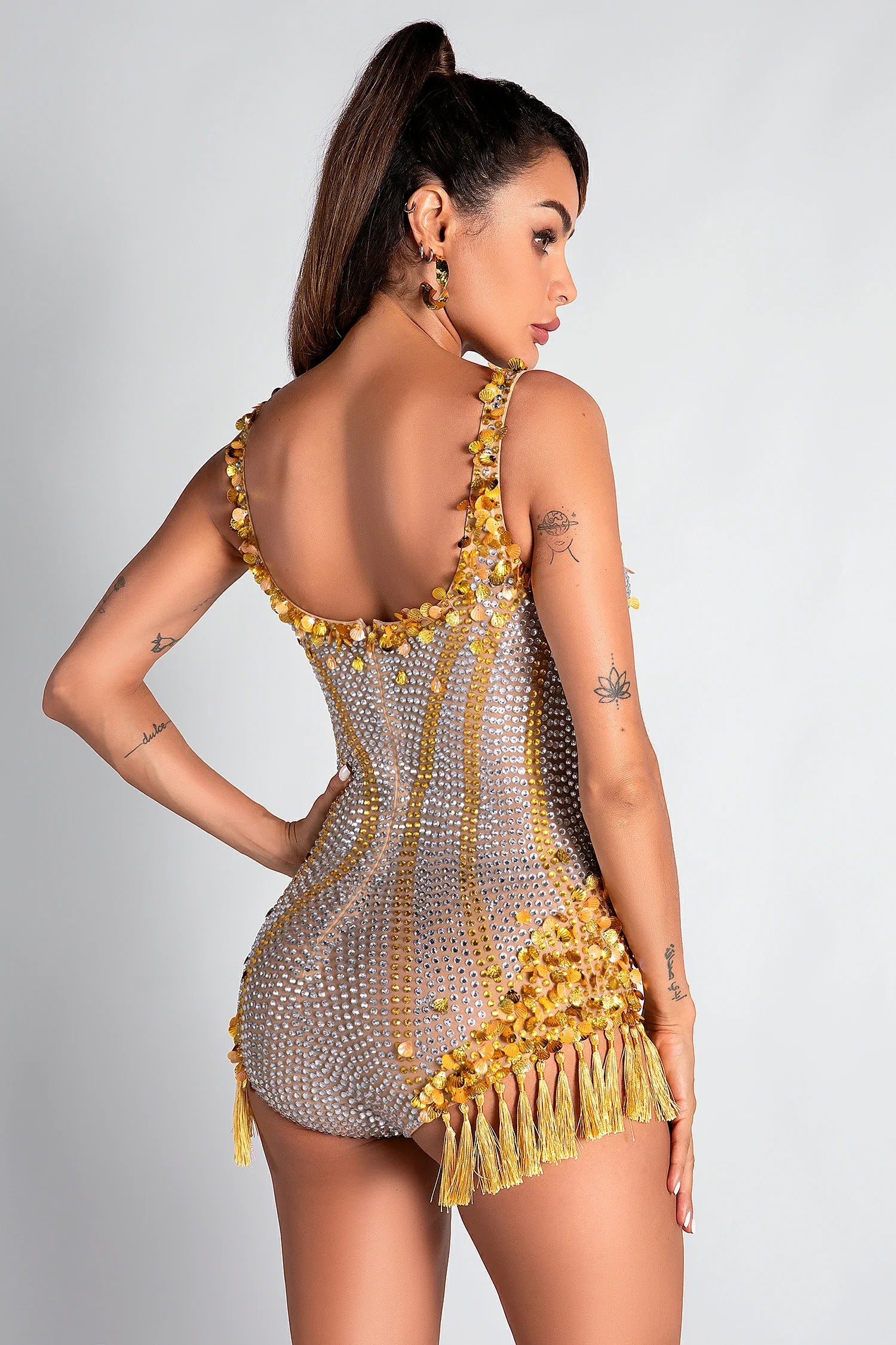 Matteli Rhinestone Sheer Fringe Bodysuit