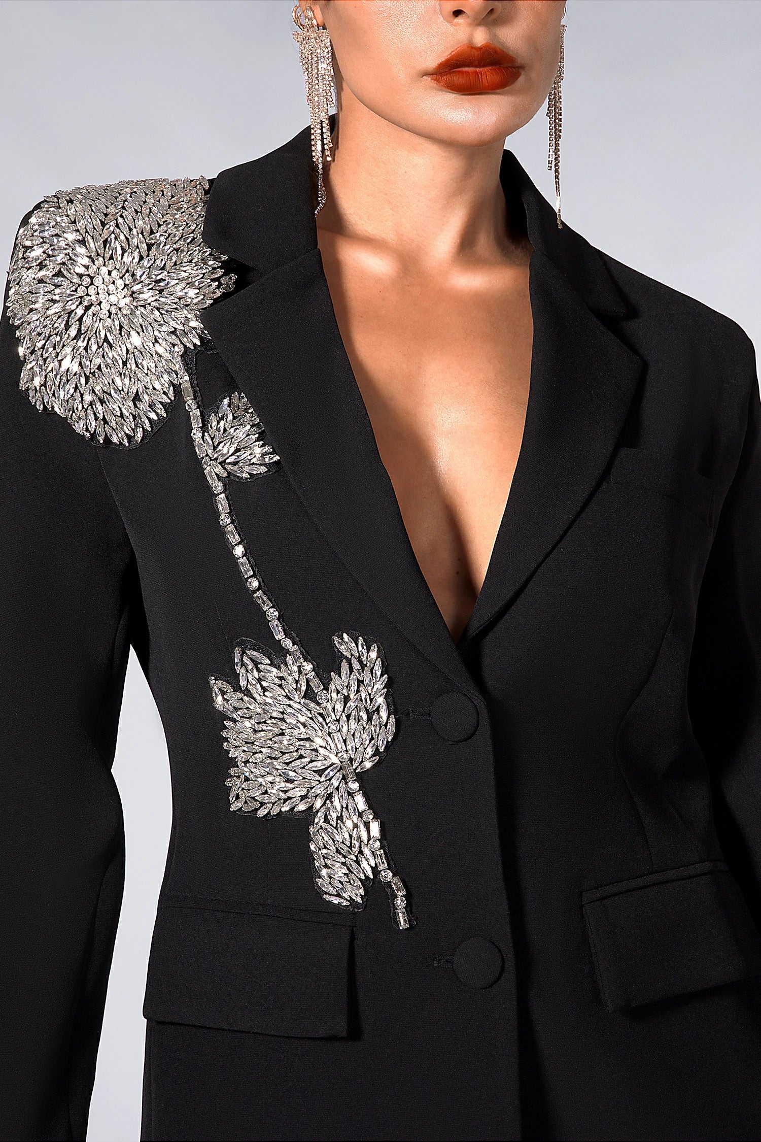 Annicka Rhinestones Floral Black Blazer