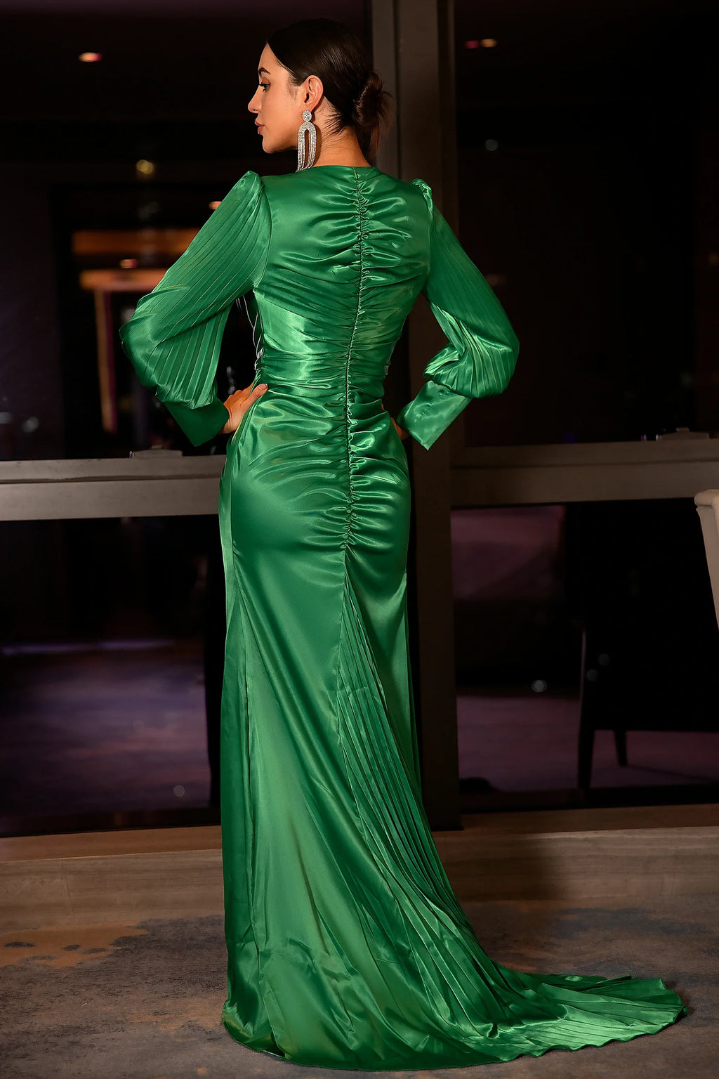 Xanthippi Emerald Deep V Pleated Maxi Dress
