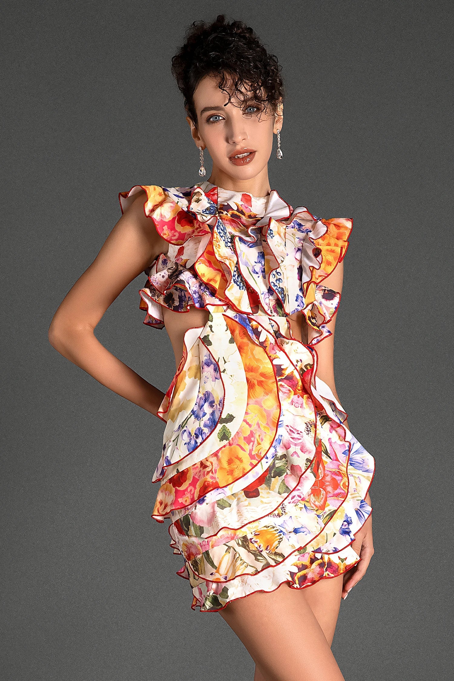 Tantalas Ruffle Cutout Floral Mini Dress