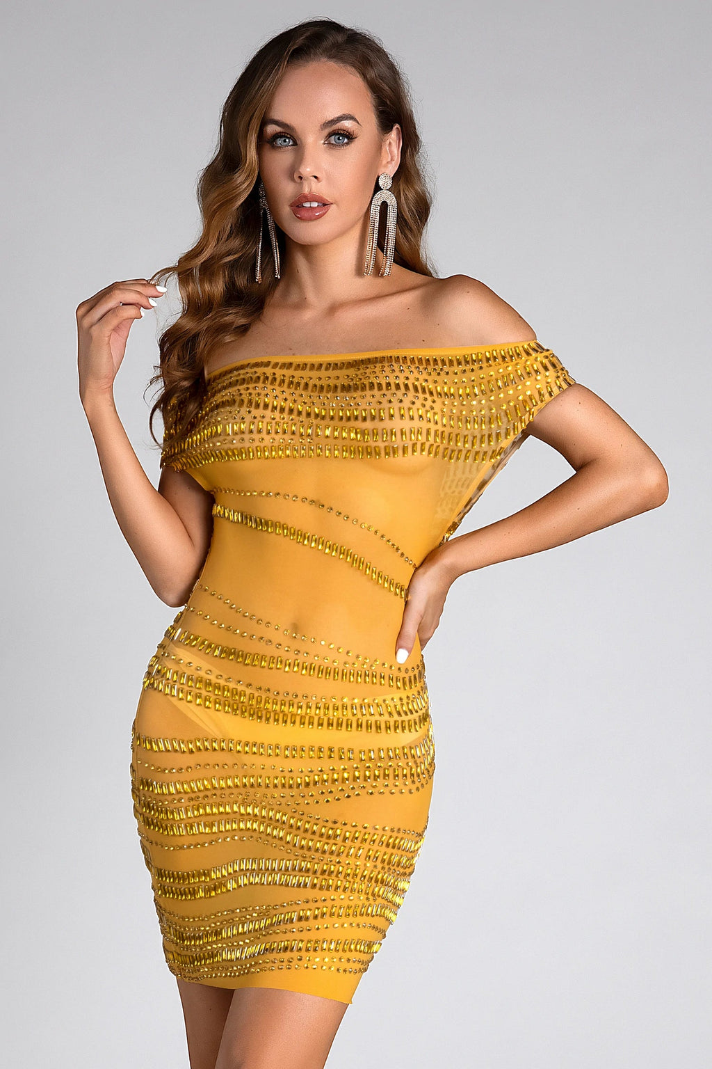 Dale Rhinestone See-Through One Shoulder Dress