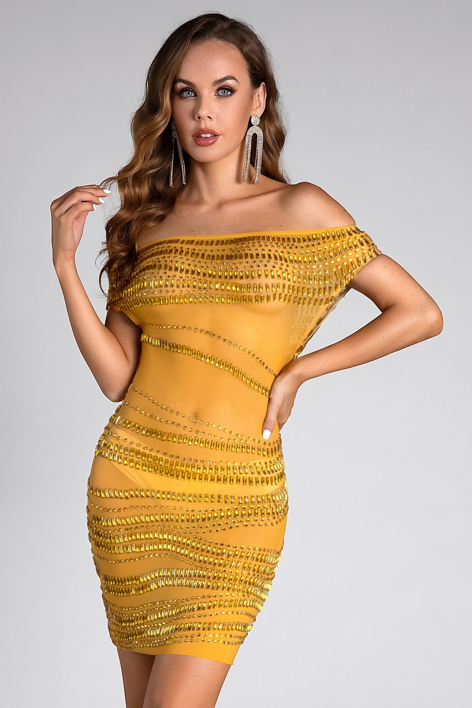 Dale Rhinestone See-Through One Shoulder Dress