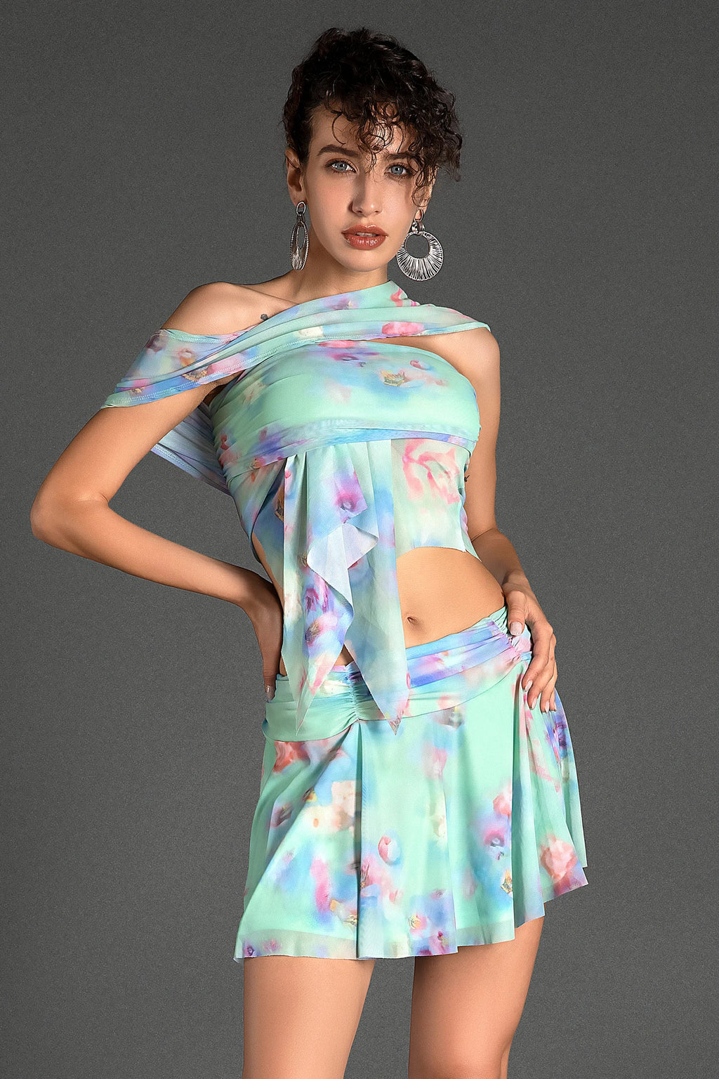 Stathoti Ruffle Print Draped Dress Set