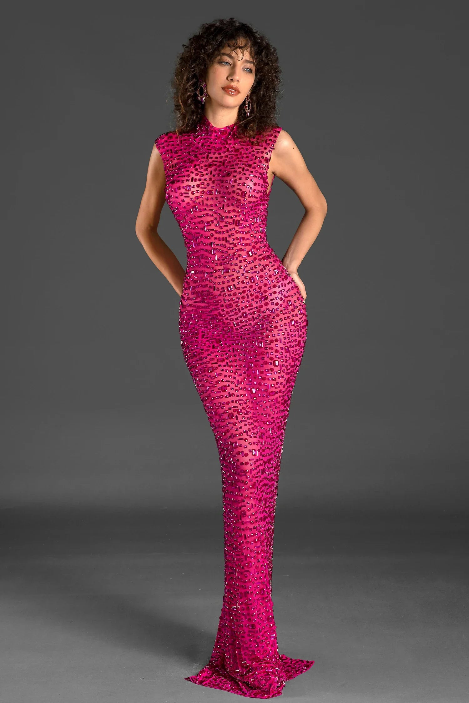 Aliki Sleeveless Rhinestone Sheer Dress