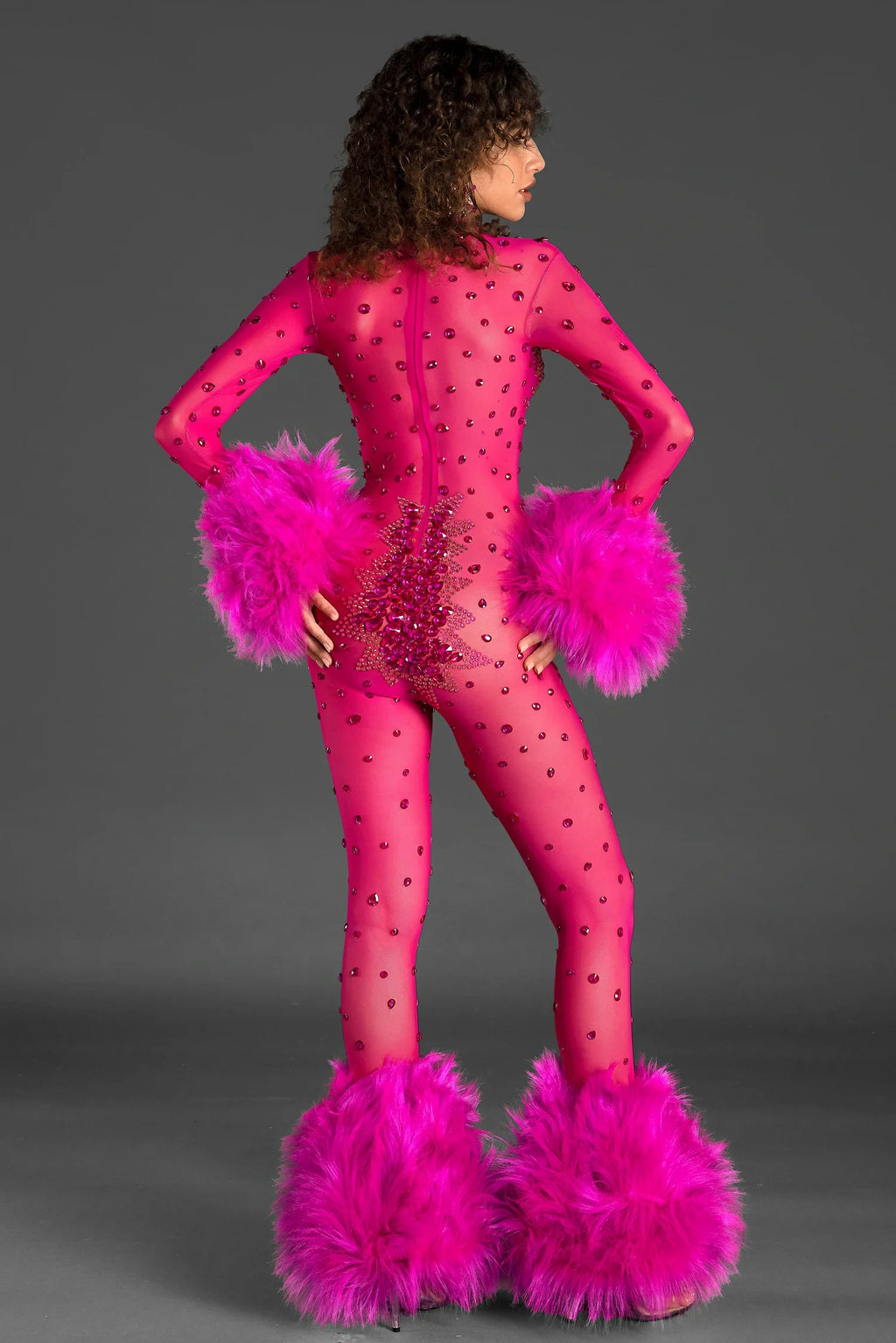 Karaleli Crystal Feather Sheer Jumpsuit