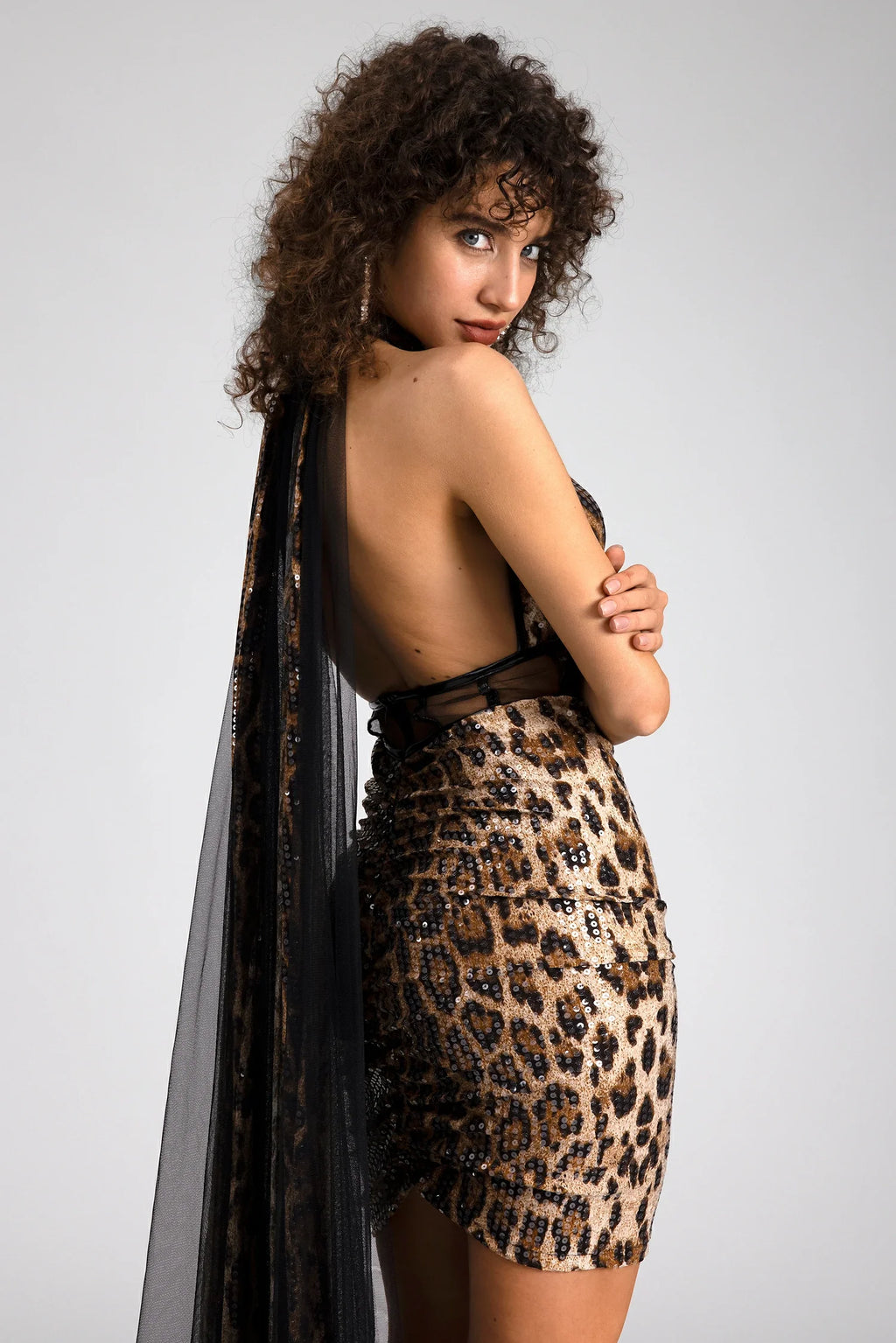 Pre-Sale Losif Leopard Print Shawl Sequin Dress