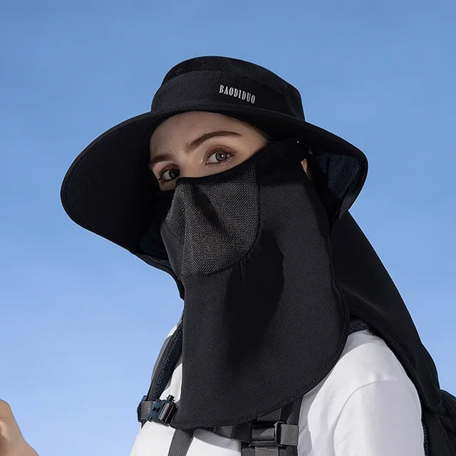 Detachable Face Mask Shawl Wide Brim Boonie Hat with Ponytail Hole