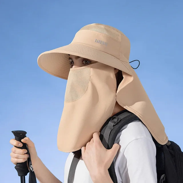 Detachable Face Mask Shawl Wide Brim Boonie Hat with Ponytail Hole