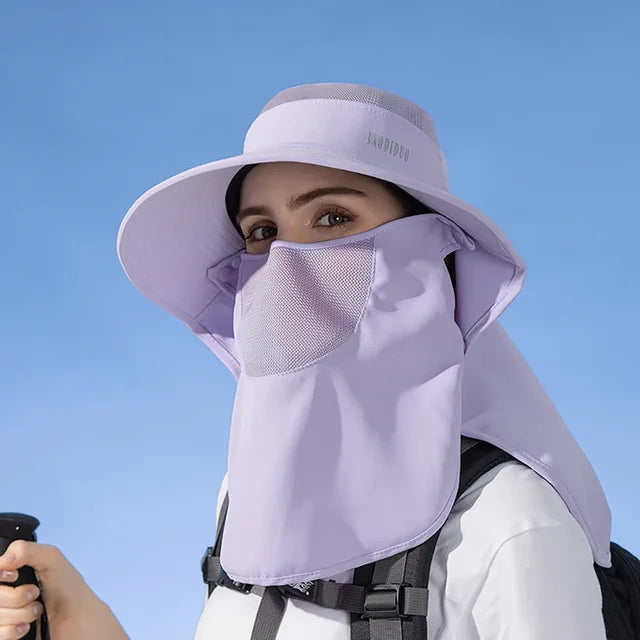 Detachable Face Mask Shawl Wide Brim Boonie Hat with Ponytail Hole