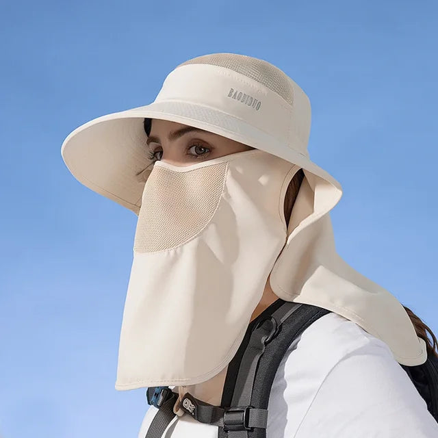 Detachable Face Mask Shawl Wide Brim Boonie Hat with Ponytail Hole
