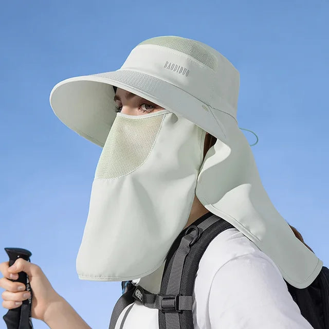 Detachable Face Mask Shawl Wide Brim Boonie Hat with Ponytail Hole