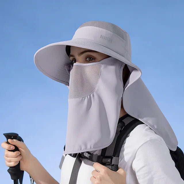 Detachable Face Mask Shawl Wide Brim Boonie Hat with Ponytail Hole