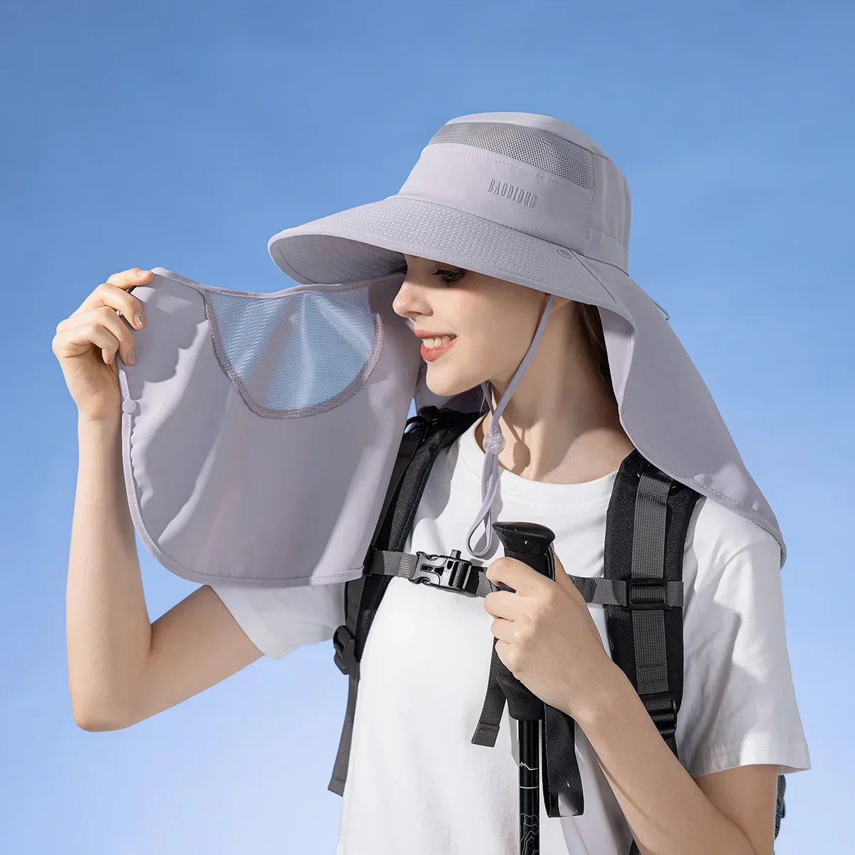 Detachable Face Mask Shawl Wide Brim Boonie Hat with Ponytail Hole