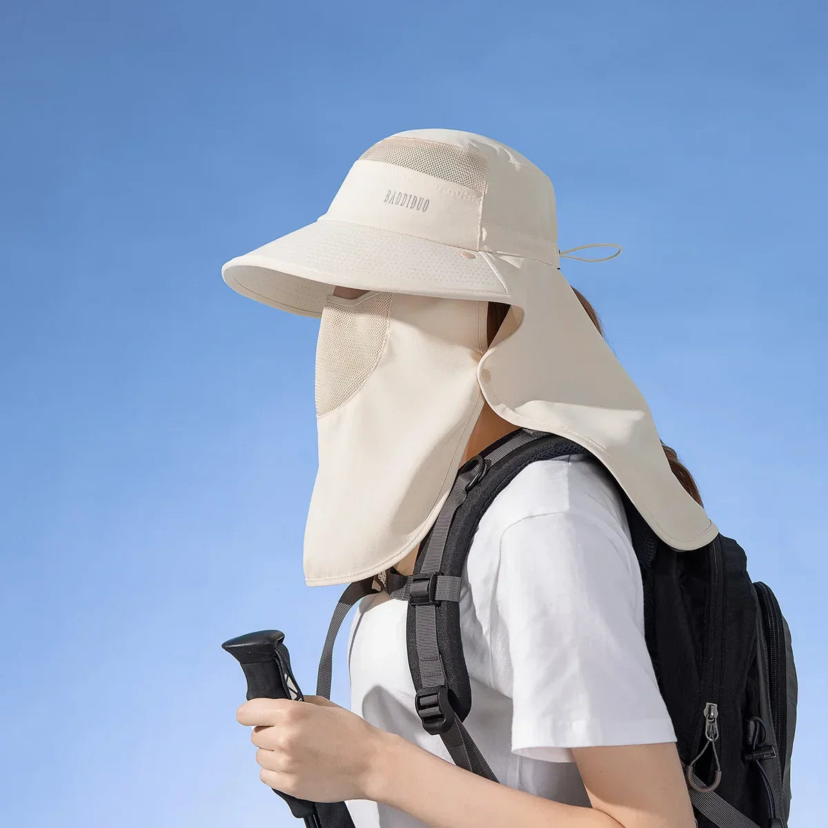 Detachable Face Mask Shawl Wide Brim Boonie Hat with Ponytail Hole